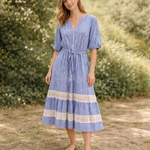 Roller Rabbit Dress Women's Size XS Valonia cottagecore‎ Blue Gingham White